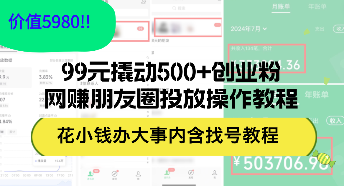 （12431期）99元撬动500+创业粉，网赚朋友圈投放操作教程价值5980！花小钱办大事内…-云创未来